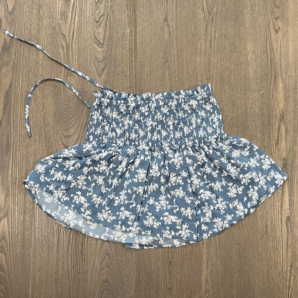 She + Sky Smocked High Waist Mini Skirt Blue Floral Print Size L